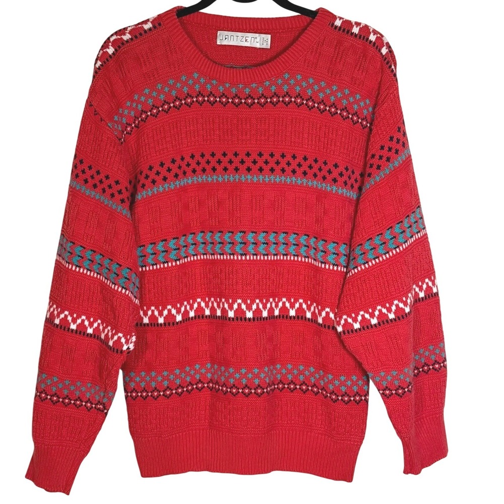 Jantzen Vintage Fair Isle Chunky Crewneck Sweater M 80s USA Made Ski Unisex